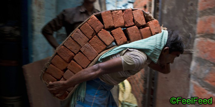An Indian laborer carries a stack of bricks on his back in New Delhi, India, Wednesday, Sept. 11, 2013. India's economic growth slowed to 4.4 percent in the April-June quarter and the Indian rupee has lost more than 20 percent of its value since May. (AP Photo/Tsering Topgyal)