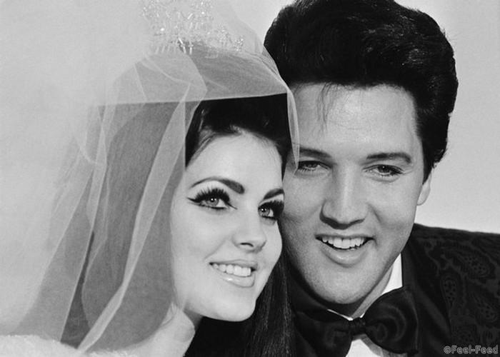 01 May 1967, Las Vegas, Nevada, USA --- Original caption: 5/1/1967-Las Vegas, NV- Singer Elvis Presley and his bride Priscilla Ann Beaulieu, pose for photograph following their wedding at the Aladdin Hotel. Presley, 31, met his 22-year-old bride when he was stationed in Germany during his Army service. --- Image by © Bettmann/CORBIS
