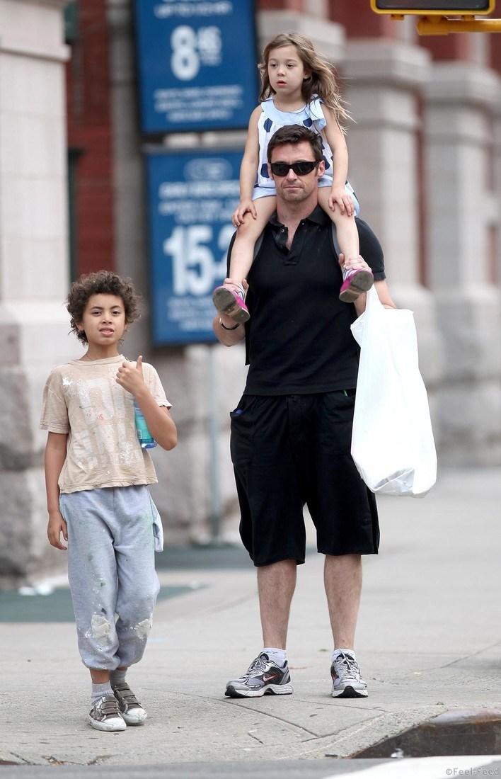 SANTIAGO BAEZ/©2010 RAMEY PHOTO NO SPAIN/ NO ITALY/ NO RUSSIA New York, May 27 2010 HUGH JACKMAN, son Oscar and daughter Ave were spotted out and about in Manhattan, NYC, after school. PGsb68 (Photo by Philip Ramey/Corbis via Getty Images)
