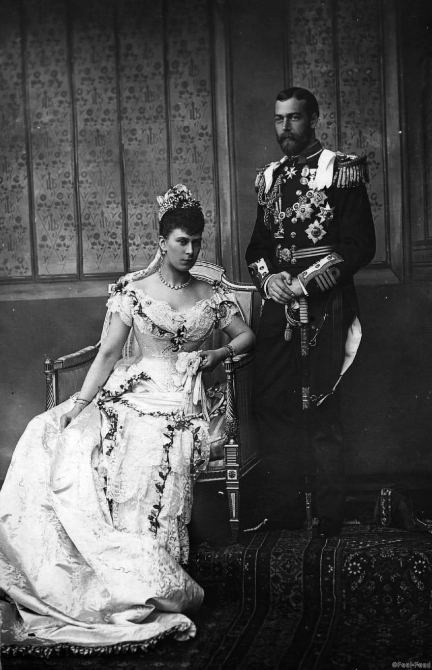 6th July 1893: King George V (1865 - 1936) on his wedding day with his bride Princess Mary of Teck (1867 - 1953) seated. (Photo by Hulton Archive/Getty Images)
