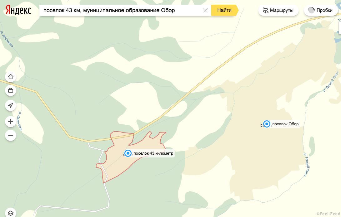 поселок 43 километр и поселок Обор, муниципальный район имени Лазо, Хабаровский край, Россия фото: Яндекс карты