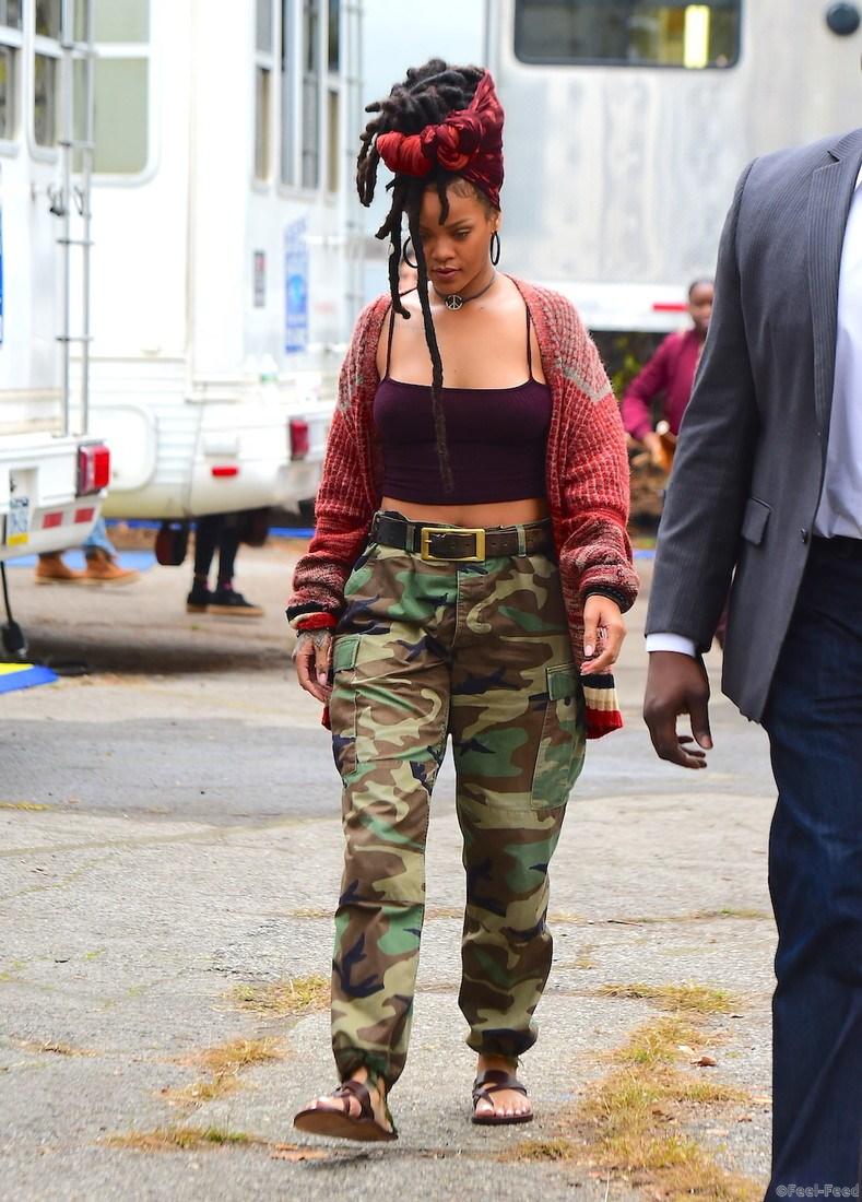 Rihanna was spotted on set of Ocean's 8 in NYC on Thursday. She showed off her natural beauty as she walked from her trailer to the set, with her dreadlocks tied up , and her abs shows in a maroon crop top. She wore a pair of baggy camo pants, and sandals as she was escorted to the set inside of a church. Pictured: Rihanna Ref: SPL1384870 031116 Picture by: 247PAPS.TV / Splash News Splash News and Pictures Los Angeles: 310-821-2666 New York: 212-619-2666 London: 870-934-2666 photodesk@splashnews.com 