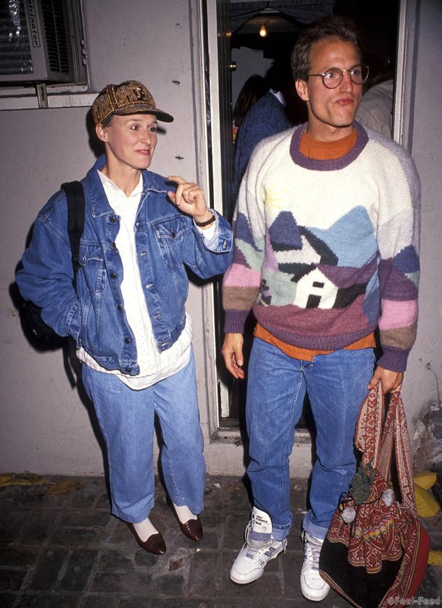 Actress Glenn Close and actor Woody Harrelson leave after performing in "Brooklyn Laundry" on April 25, 1991 at the Coronet Theatre in West Hollywood, California. (Photo by Ron Galella, Ltd./WireImage)